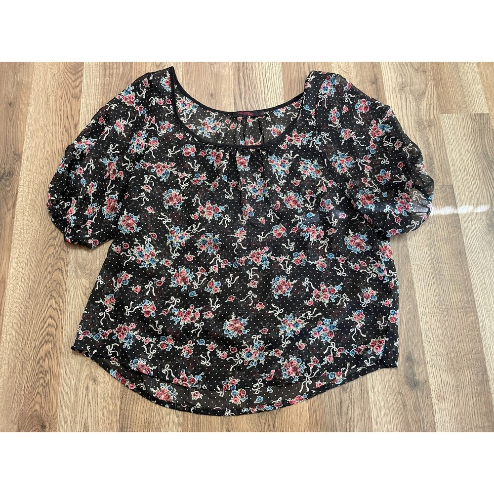 Sweet Shirt, Women's Size Large, Black, Floral Print, Ribbons, White Polka Dots